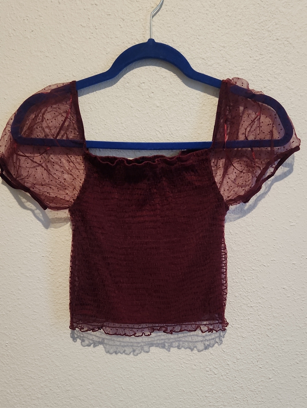 Ambiance Burgundy Sheer Dot Mesh Puff Sleeve Crop Top Smocked Small
